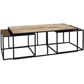 Set de 3 mesas de Centro Nido de Hierro y Madera Negro y Natural - LOLAhome