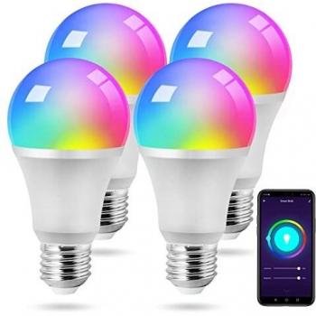 Pack de 4 Bombilla LED Inteligente, Bombilla WiFi Multicolor，Regulable, E27 9W 800lm, Compatible Con Google Home/Alexa, sin necesidad de Hub. [Clase de eficiencia energética A+]