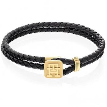 Pulsera de hombre Tommy Hilfiger Monograma de cuero negro con detalles en acero inoxidable dorado