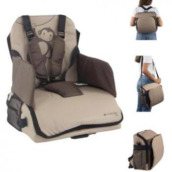 Trona portátil de viaje Mobiclinic Monkey, para bebés de 6 a 36 meses, hasta 15 kg, plegable, con arnés ajustable de 5 puntos y almacenamiento, color beige