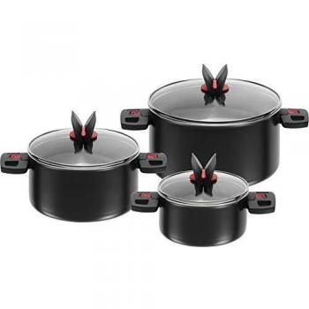 Ballarini - Set Click & Cook con 3 Ollas y Tapas de Vidrio, Revestimiento Antiadherente, Asas Combinadas Aluminio/Plástico, Negro