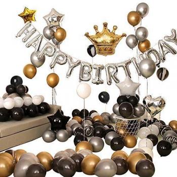 Ponmoo 110 piezas Globos Decoraciones Cumpleaños Negro, Feliz Cumpleaños Globos Negro Dorado y Plata, Globos Lámina Látex de Corona Party Decoración, Globos Decoraciones de Fiesta de Cumpleaños