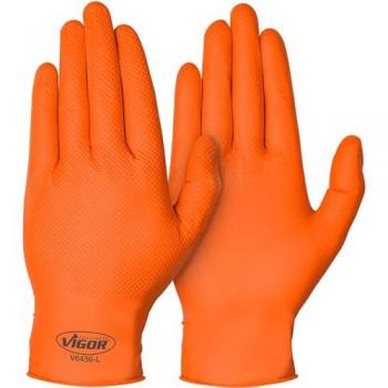 Guantes de nitrilo VIGOR V6436-L, tamaño L, 100 unidades, excelente adherencia al manipular aceite, grasa, productos químicos y suciedad, aptos para pantallas táctiles, color naranja