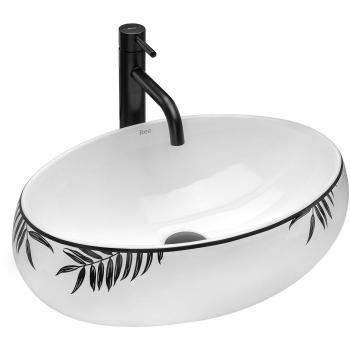 Lavabo de encimera Rea Shila - Lavabo sobre encimera, diseño moderno, acabado en cerámica blanca, dimensiones 60x40 cm, incluye orificio para grifo y desagüe