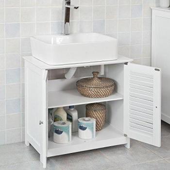 Mueble de baño blanco bajo fregadero con puertas de persiana, dimensiones L60 x P35 x H58 cm, modelo FRG237-W