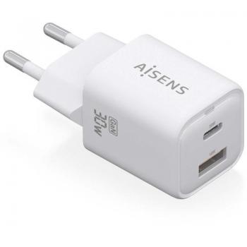 Cargador Gan de Pared Aisens ASCH-30W2P020-W, 1xUSB Tipo-C, 1xUSB, 30W, Alta Eficiencia Energética, Diseño Elegante y Moderno,