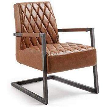 Kave Home - Sillón Trans marrón con reposabrazos en Piel sintética y Patas de Acero en Negro