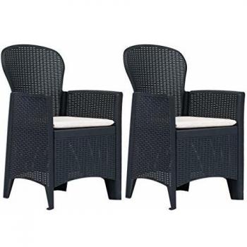 Anthracite Plastic Rattan Look Garden Chairs with Cushions - Set of 2