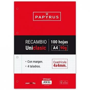 Unipapel Recambio Hojas Cuadrículadas 4x4 mm, con Margen, 90 g, Paper, Blanco, A4, 100