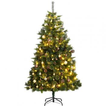 Hinged Artificial Christmas Tree with 300 LED Lights and Ornaments, 180 cm