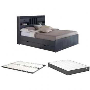 Cama con compartimentos 140 x 190 cm - Pino - Gris Antracita + Somier + Colchón - MEDERICK