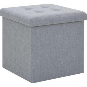 Taburete Plegable con Almacenaje de Lino Sintético Gris Claro