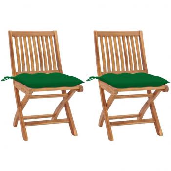 Teak Wood Garden Chairs Set of 2 with Green Cushions