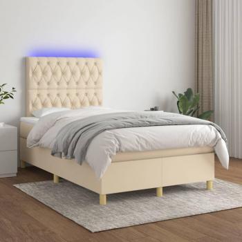 Cama box spring con colchón y LED en tela crema 120x200 cm