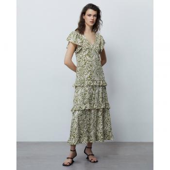 Sfera - Vestido estampado con paneles, diseño moderno, tejido ligero, manga corta, escote redondo, longitud hasta la rodilla, estampado floral