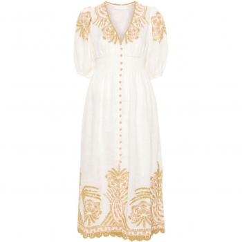 Zimmermann Women's Embroidered Linen Midi Dress in Beige | Size L