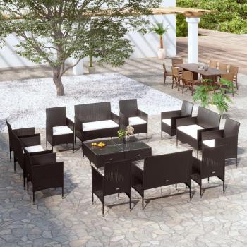 16 Piece Black Poly Rattan Garden Lounge Set with Cushions