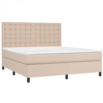 Cama box spring con colchón de cuero sintético capuchino 160x200cm, características: incluye colchón viscoelástico, espuma, protector, muelles ensacados, adaptable y reversible