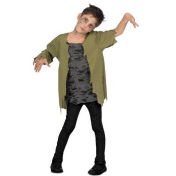 Disfraz de Zombie Verde Infectado para Niño - Incluye traje verde desgastado, máscara de zombie con detalles realistas, guantes y accesorios adicionales. Tallas disponibles: 5-6 años