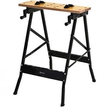 DURHAND Mesa de Trabajo Plegable Banco de Trabajo con Abrazadera 2 Manivelas Como Caballete de Sierra Carpintero Hierro MDF Soporta 100 kg 60,5x62,5x78,5 cm Natural y Negro