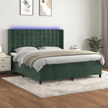 Cama Box Spring con Colchón y LED Terciopelo Verde Oscuro 180x200cm