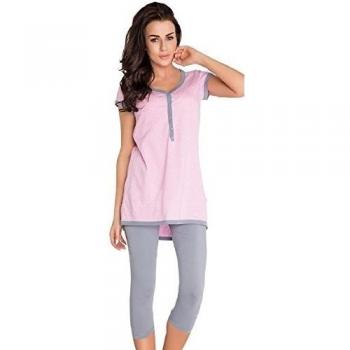 Dn-Nightwear PM.5037 Pijama Maternal, L, Rosa - Gris