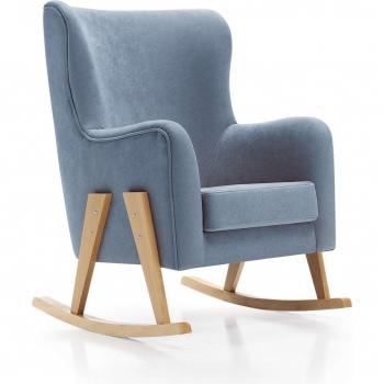 Sillón de lactancia GLAM tapizado en tela azul y patas de madera