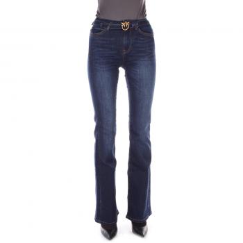 PINKO Women's Flared Jeans in Denim, Size 28, Blue with Love Birds Diamond Cut Buckle