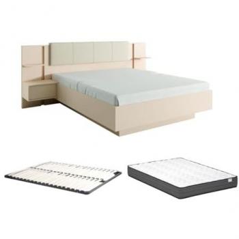Cama ELYNIA 160 x 200 cm con Mesas de Noche, LEDs, Beige + Somier + Colchón