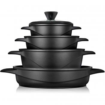 Briebe MGK-17S Batería de Cocina Inducción 8 Piezas Aluminio Fundido 4 Ollas con Tapa de Cristal Antiadherente, Negro
