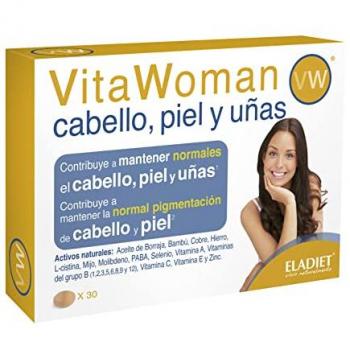 Eladiet Vita Woman Cabello Piel y Uñas 30 Comprimidos - Complemento Alimenticio que contribuye a mantener el cabello, piel y uñas, contiene extractos de bambú, mijo, vitaminas y minerales