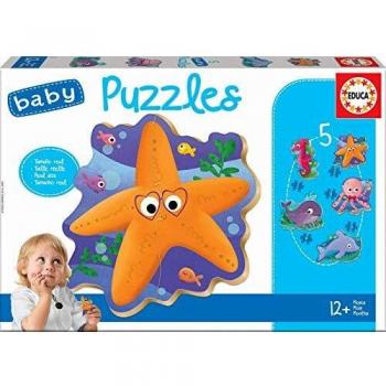 Educa - Baby Puzzles Animales del Mar. Set de 5 Puzzles Infantiles Progresivos de 2 a 4 piezas. A partir de 12 meses. Ref. 18058