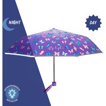 Perletti - Paraguas Infantil Plegable Manual Lila con Mariposas, 50cm, 8 Varillas, Fibra de Vidrio, Apertura de 3 Secciones
