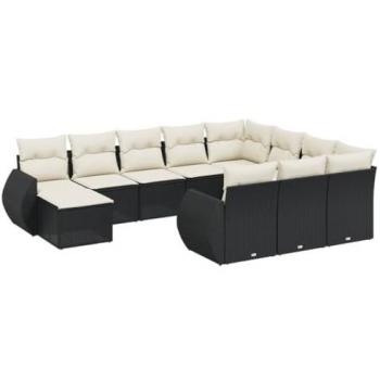 11-Piece Black Poly Rattan Garden Sofa Set with Cushions