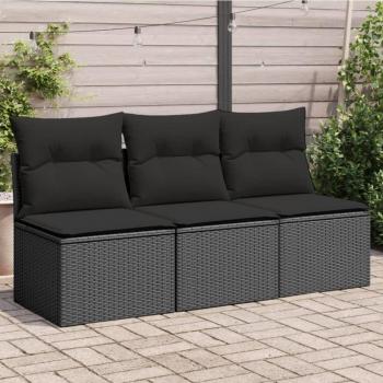 Sofá de jardín de 3 asientos con almohadas negras en Polyrattan