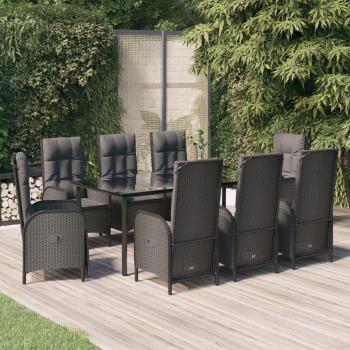 9-Piece Black Poly Rattan Garden Dining Set with Cushions
