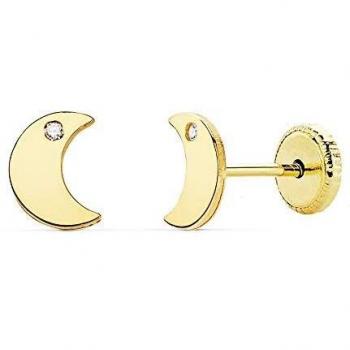 Pendientes Oro 18K Niña 6.5mm. Luna Lisa Punta Circonita Cierre Tuerca