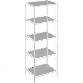 Estantería de vidrio de 5 niveles, robusta y fácil de montar, ideal para baño, salón, dormitorio y oficina, en blanco y gris, dorado y negro