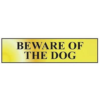 Beware of The Dog Sign - Self-Adhesive PVC - Polished Gold Effect - 200mm x 50mm