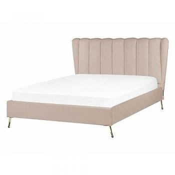 Cama Doble 140x200 cm Tapizado en Terciopelo Taupe con Cabecera y Puerto USB, Patas de Metal Dorado
