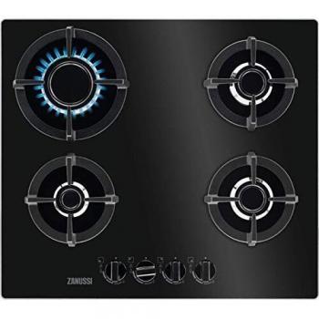 Zanussi ZGO68410BA Placa de gas, Gas on Glass, 4 fuegos, Quemador PureFlame, Mandos Frontales, Calor Instantaneo, Entendido electrónico, Parrillas hierro fundido, Termopar de Seguridad, Negro, 60 cm