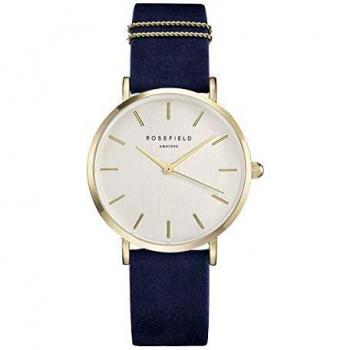 Rosefield Reloj Mujer The West Village de Oro: Caja de Reloj Redonda de 33 mm con Esfera Blanca y Correa Azul - WBUG-W70