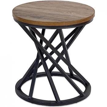 Mesa Auxiliar Redonda Retorcida Negra con Top de Madera Baco - 40x42 cm, Hierro/MDF