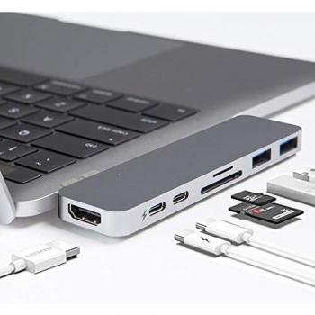 Hyperdrive USB C Hub, Sanho USB C Duo 7-in-2 with 100W PD, 4K60Hz HDMI, microSD/SD, 2 USB3.1, Magnetic Grip on MacBook Pro Air, Gray