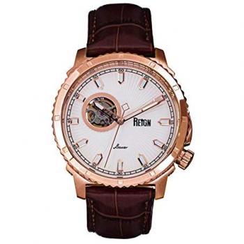 Reign Bauer Automatic Semi-Skeleton Leather Watch - White & Rose Gold