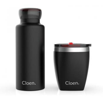 Pack Cloen Botella Térmica y Vaso de Acero Inoxidable Triple Capa Negro