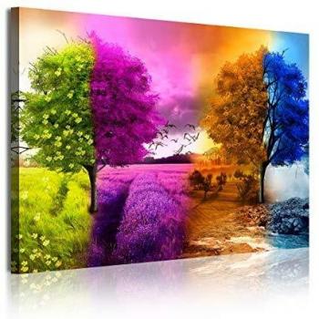 DekoArte 363 - Cuadros Modernos Impresión de Imagen Artística Digitalizada | Lienzo Decorativo para Tu Salón o Dormitorio | Estilo Paisaje Cuatro Estaciones del año Árboles Morado | 1 Piezas 120x80cm