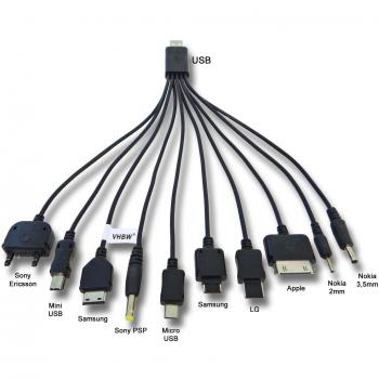 vhbw USB cable de carga 10 en 1 Multi Charger cable de datos por ej.. para Simvalley SPX-24HD, Easy-5, SP-40, SP-60, SP-120, SP-140, XL-915, etc.