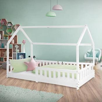 Cama Infantil Creativa 90x200cm con Reja Protectora y Techo de Madera de Pino Blanco ML-Design