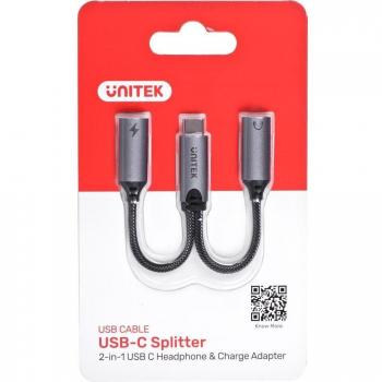 Adaptador Unitek USB-C - 2x USB-C, 18W, Audio, M206A